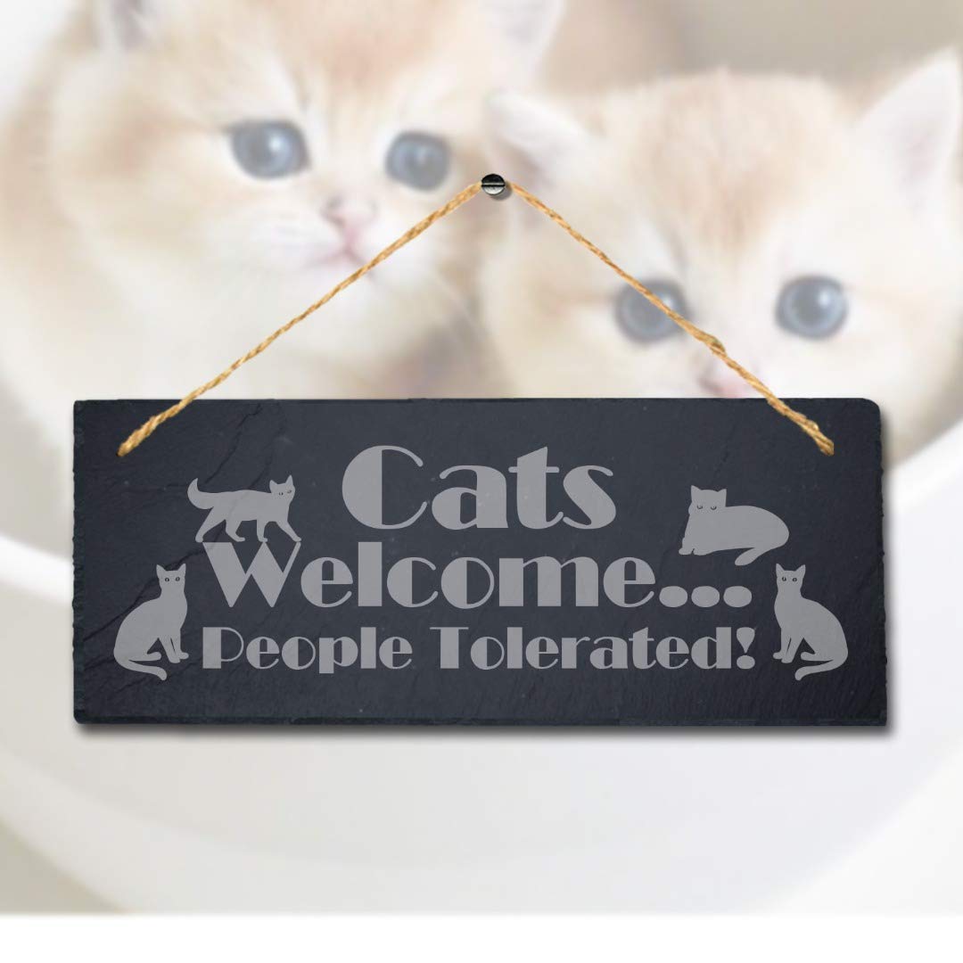 Stukk Dogs Pet Funny Laser Hanging Kitten Kennels Pup Puppy Home (Cats Welcome People Tolerated), Natural Engraved Slate Stone Plaque, 30x12cm (Large)