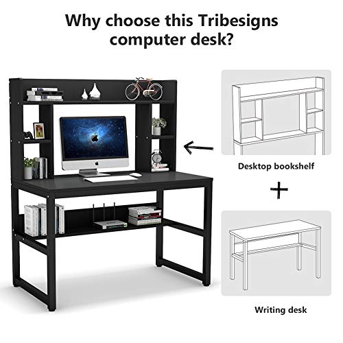 Tribesigns Computer Desk with Hutch, 47 Inches Modern Writing Desk with Storage Shelves, Compact Office Desk Study Table Workstation for Home Office, Black + Black Legs