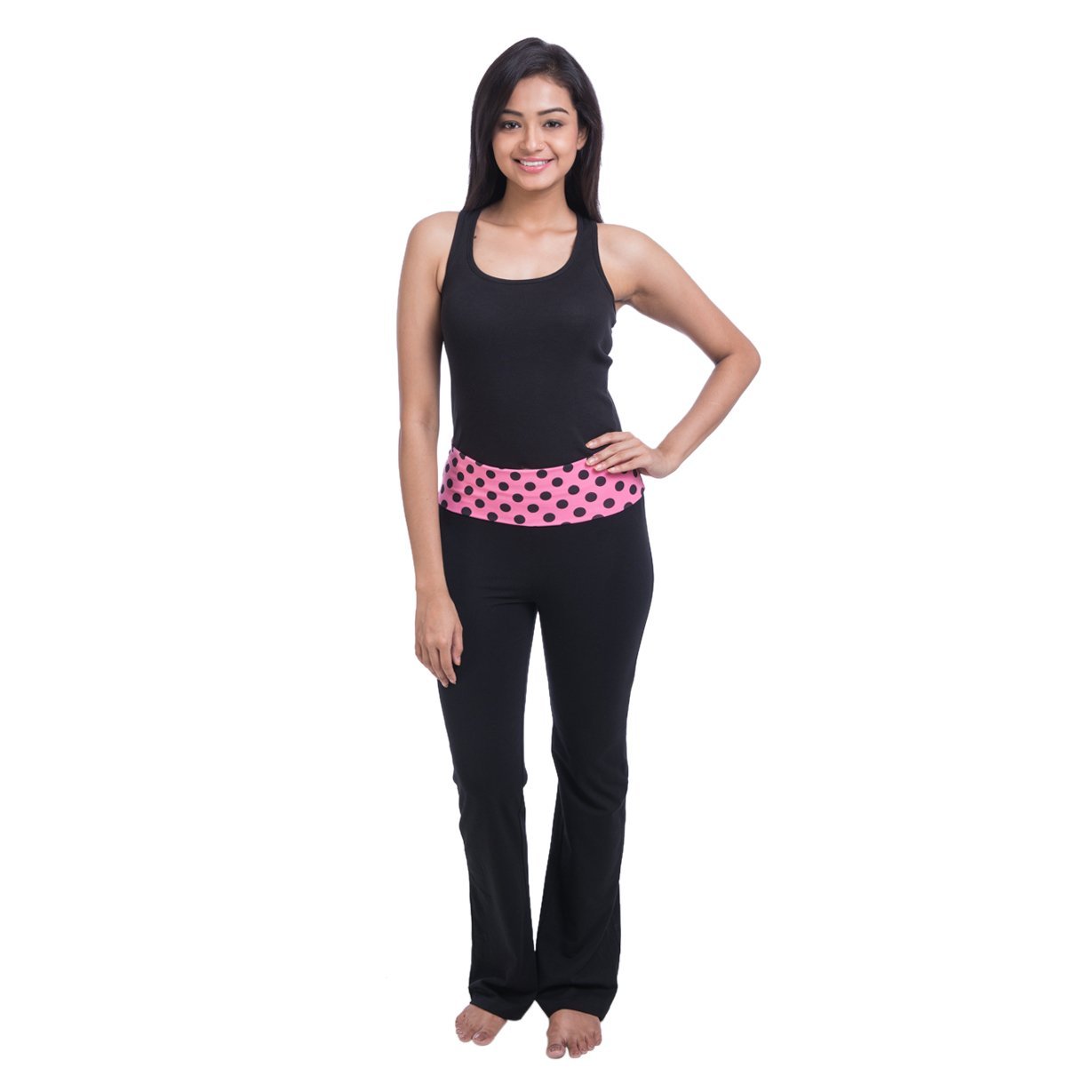 nite flite women's polka print black foldover yoga pants