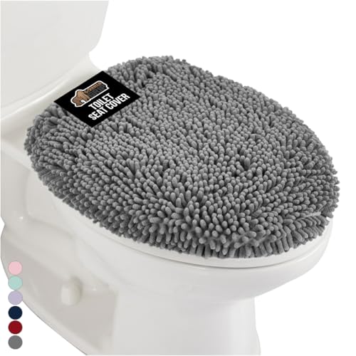 GORILLA GRIP Soft Chenille Bathroom Toilet Lid Cover, Machine Washable Seat Covers, 19.5x18.5, Stays in Place Rubber Backing, Fits Most Round, Elongated and Oblong Lids, Accessories Decor, Gray