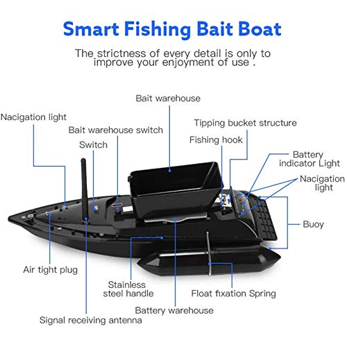 Bateau D’amorce, Bateau De Pêche Rc De 5 Heures D’exécution, Bateau Télécommandé De 300 M, Chargement De 1,2 Kg Anti-herbe Vent Double Moteurs D’appât De Pêche Avec Lumière De Navigateur Led,noir
