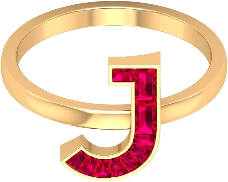 1 38 CT Baguette Taper Cut Ruby Ring J Letter Ring Personalized 