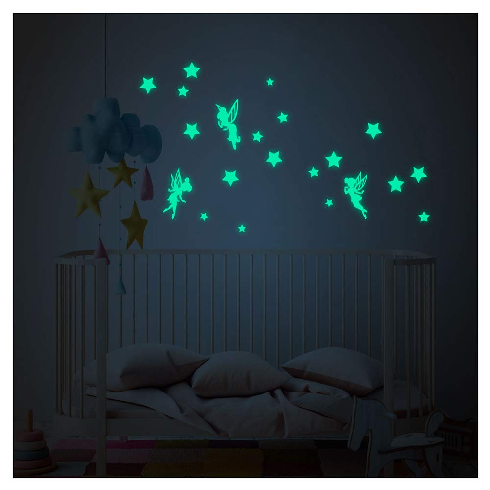 Glow in The Dark Wall Sticker Set of 3 Fairies and 18 Stars