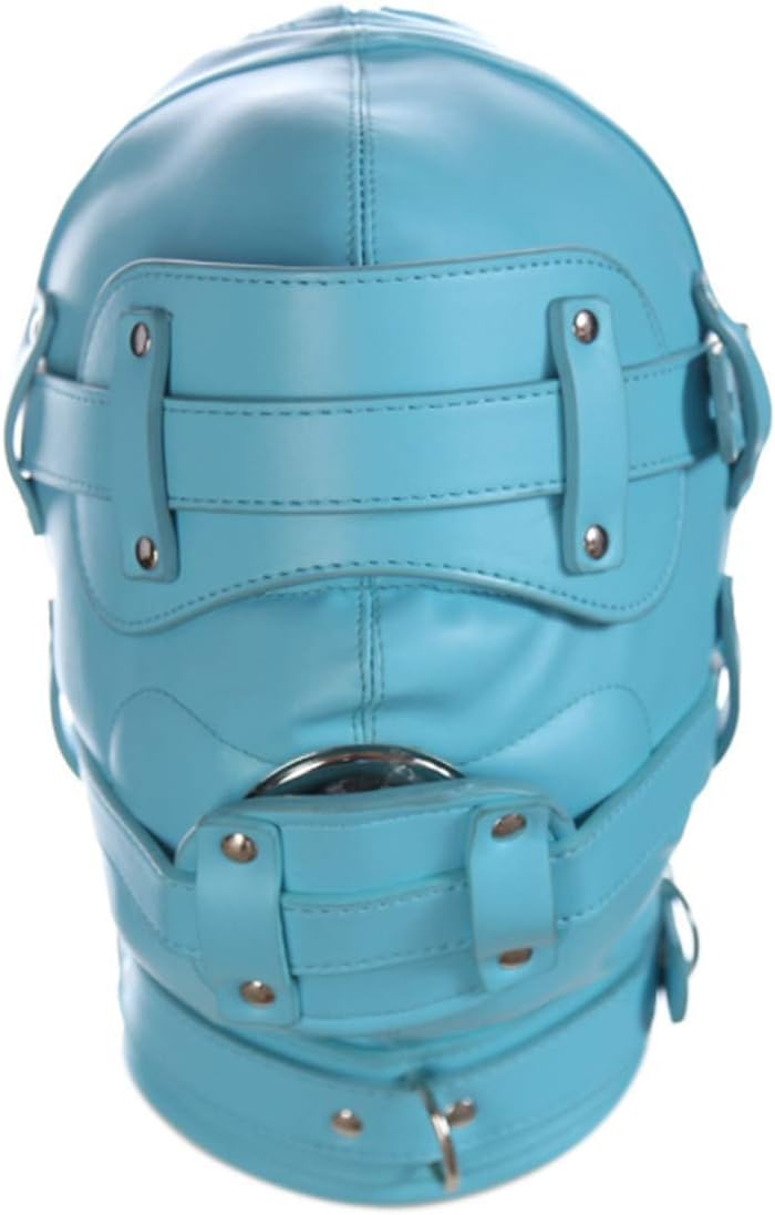 Black unisex imitation leather mask head-mounted short all-inclusive belt with lock design headband harness (blue)