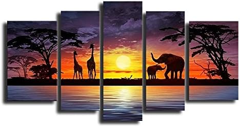 Sweety Decor 100% Hand Painted Oil Painting "African Sunset Landscape" Modern Abstract Art Wall Decor Ready to Hang 5 Panels