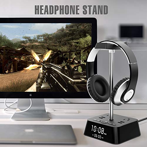 KDrive Headphone Stand with 4 USB Charging Port, 2 AC Outlet, LED Desk Lamp Lighting, HD Clock Display - Universal Sizes, Gaming Headset Hanger Organizer