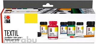 Marabu 1716000000087 - Textil Starter Set Grundfarben, Stoffmalfarbe, Wasserbasis, für helle Stoffe, weicher Griff, waschbeständig bis 60°C, für Stoffmalerei und -druck, 6 x 15 ml Farbe und Pinsel