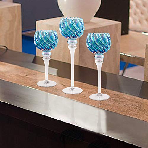 Hurricane Candle Holders Glass Set | 3-Piece Blue Tall & Attractive Votive, Pillar & Tealight Long Stem Candleholders | Ideal for Wedding Centerpiece, Home Decor, Parties, Table Settings & Gifts