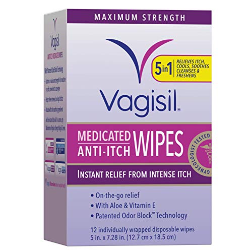 Vagisil Anti-Itch Medicated Feminine Intimate Wipes for Women, Maximum Strength, Gynecologist Tested, 12 Wipes in a Resealable Pouch