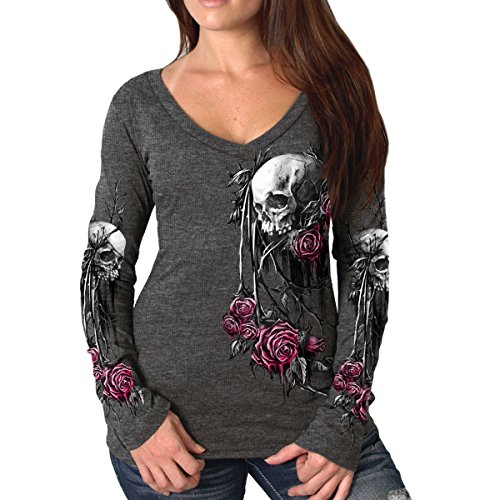 Hot Leathers Women's Bleeding Roses V-Neck Long Sleeve Shirt (Charcoal Heather, Medium)