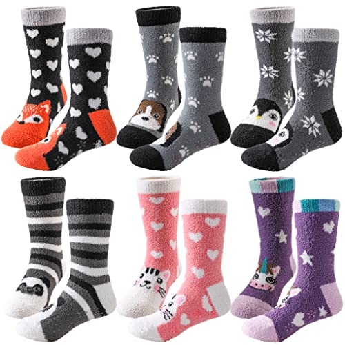 LINEMIN Kids Fuzzy Socks Boys Girls with Grips Non Slip Slipper Socks Cozy Fluffy Winter Warm Crew Socks 6 Pairs (Cute Animal,8-12 Years)