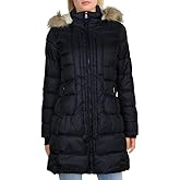 LARRY LEVINE Women's 3/4 Length Puffer W/Curved Quilting & Detachable Faux-Fur Trimmed Hood