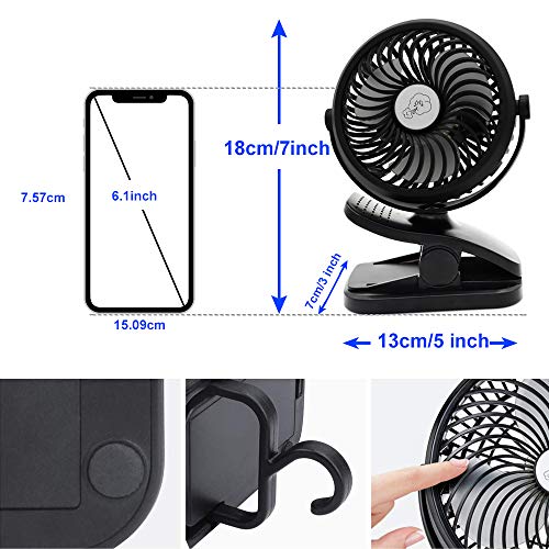 USB Fan, Portable Clip Stroller Fan with Lights, Mini Desk Fan 2200mAh Rechargeable Battery Powered, Cooling Fan with Hanging Hook, 3 Speed 360 Rotation for Baby Pram, Bedside Crib, Office, Camping