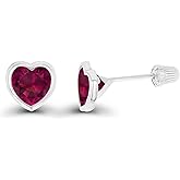 Solid 14K Gold Hypoallergenic 6mm Heart Shaped Birthstone Polished Bezel Screw Back Stud Earrings