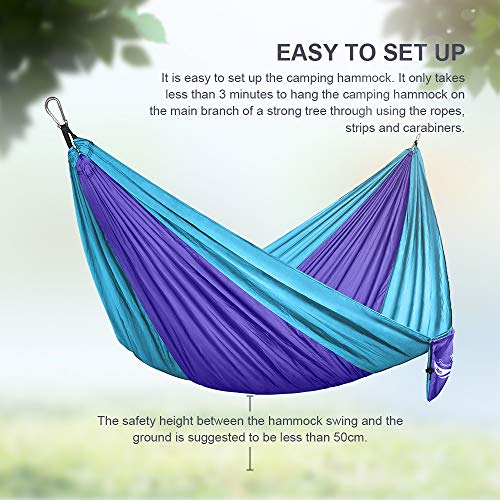 JBM Hammock Single Double Camping Lightweight Portable Parachute Hammock Outdoor Hiking Travel Backpacking - Nylon Hammock Swing - Support 400lbs with Nylon Ropes and Steel Carabiners (Purple & Blue) - Thumbnail 3
