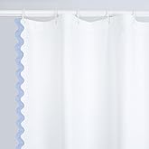 Scalloped Shower Curtain Cotton Blue White for Bathroom Textured 72x72 | Coastal Bathroom Curtains Border Linen Look Heavy Duty Thick Cloth Hotel Rustic Girly Neutral Farmhouse 100% Cotton