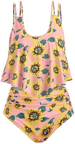 Cenglings Women Sunflower Print Two Pieces Bathing Suits Ruffled with High Waisted Bottom Tummy Control Bathing Suit