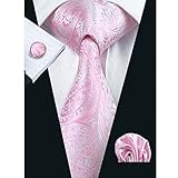 Hi-Tie Pink Tie Woven Silk Tie Pocket Square and Cufflinks Gift Box Set Mens Wedding Tie