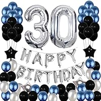 30th Birthday Decorations,Yoart 30 Birthday Balloons Party Supplies Happy Birthday Banner Latex Balloons Foil Star Balloons Blue Black (81PCS)