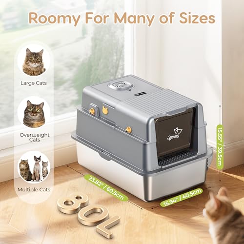 Stainless Steel Cat Litter Tray, XXL Litter Box with 105° Flip Lid, Detachable Metal Large Pet Toilet with Fresh Air Deodorization System, High Sided Litter Tray with Deodorizing Block, Mat and Scoop