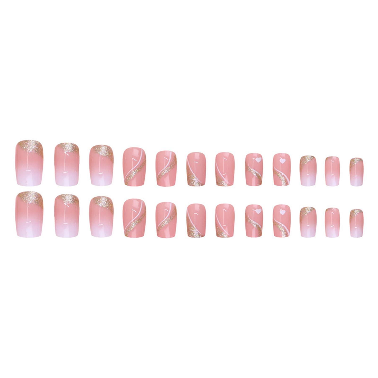 Press on Nails Medium Square Fake Nails Gold Glitter False Nails with Design Heart Curve Glue on Nails Gradient Pink Full Cover Acrylic Stick on Nails Reusable Artificial Nails for Women Manicure Kit - Image 6