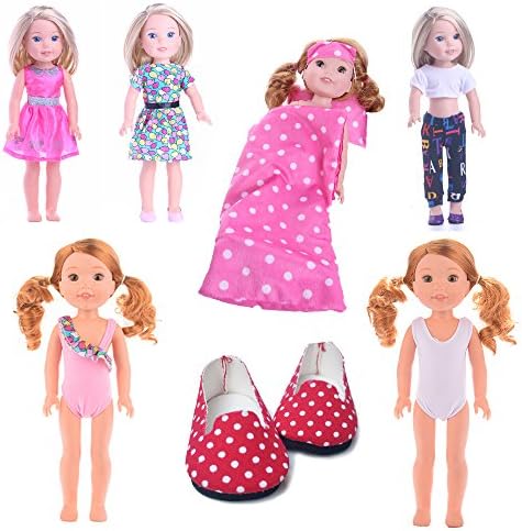 Fleta 7PCS doll Wellie Wishers swim dress outfit Clothes&Purple rabbit Sleeping bag Fit 14.5 Inch American Girl Dolls Wellie Wishers