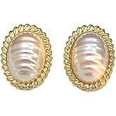 Vintage Gold Pearl Statement Stud Earrings for Women 18K gold plated – Classic Oval Drop Earrings with Textured Frame – Elegant Retro Jewelry for Weddings & Special Occasions