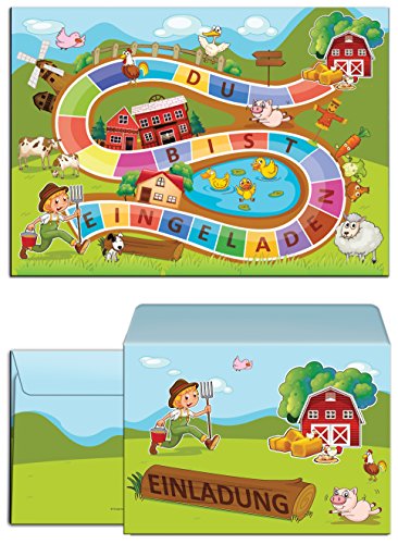 12-er Set Einladungskarten, Umschläge, Tüten, Aufkleber zum Kindergeburtstag Bauernhof-Party für Mädchen und Jungen (12 Karten + 12 Umschläge + 12 Party-Tüten (Kreuzbodenbeutel) + 12 Aufkleber) – Bild 3