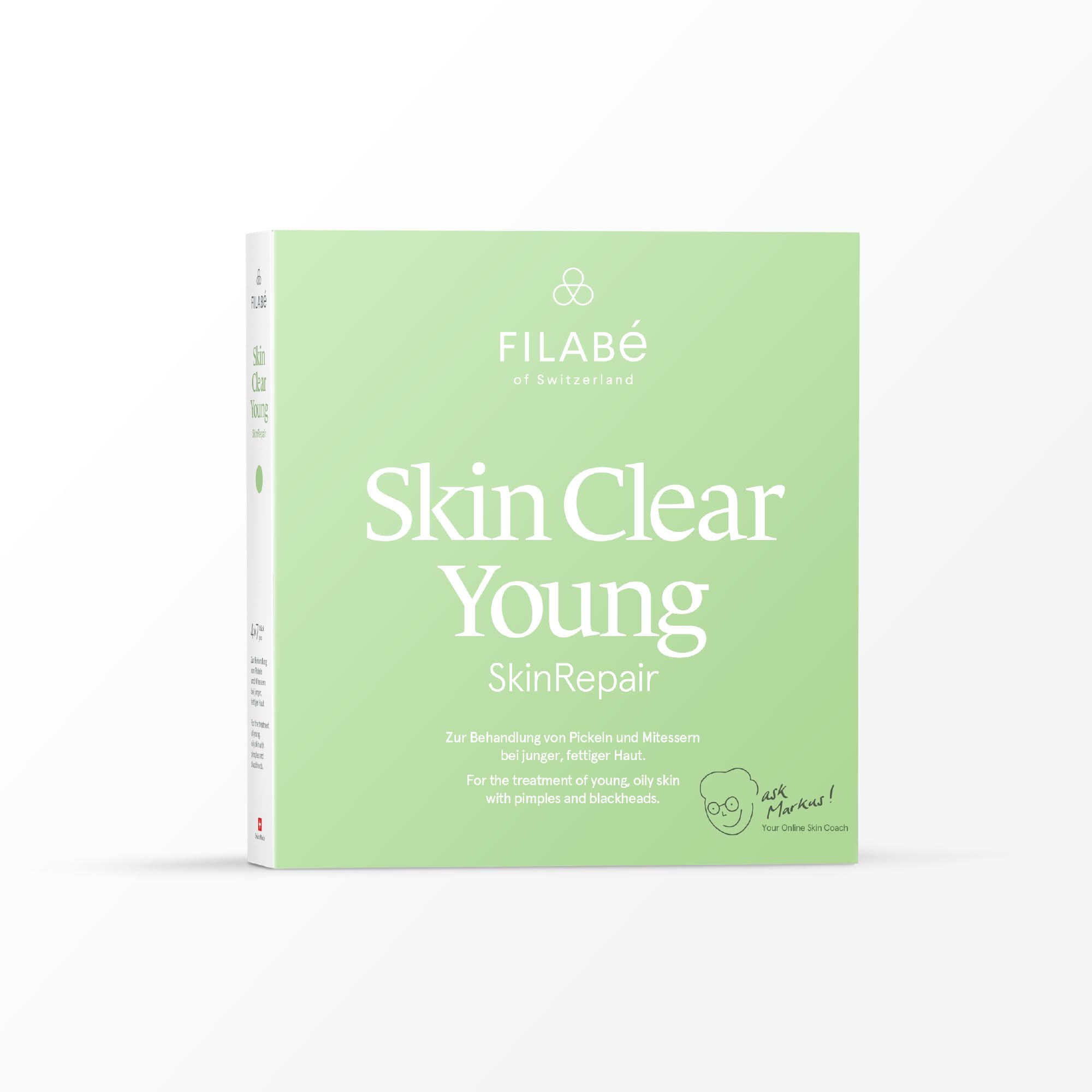 Skin Clear Young - For the treatment of oily skin with spots and blackheads up to the age of 22. Pack for 28 days. Vegan and additive-free - Swiss made by Filabé of Switzerland