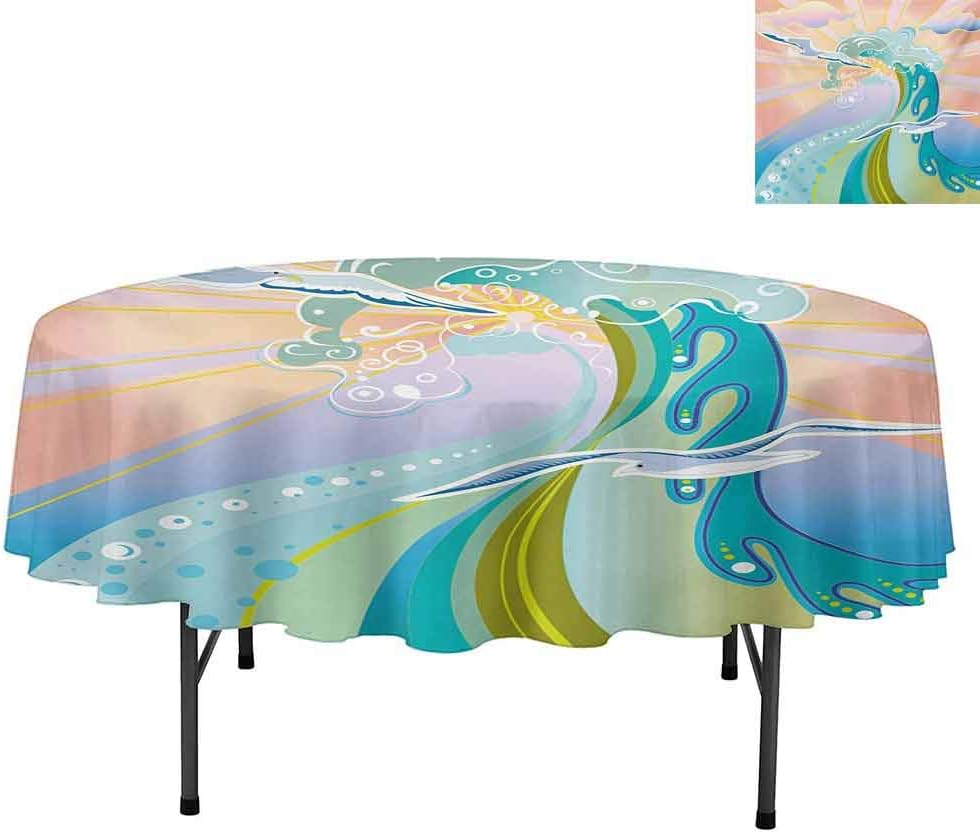 Aishare Store Waterproof Tablecloth, Cartoon Like Image Waves Birds Foams and Bubbles with Su, Tablecloth for Home Kitchen Dining Room, Round 60", Multicolor