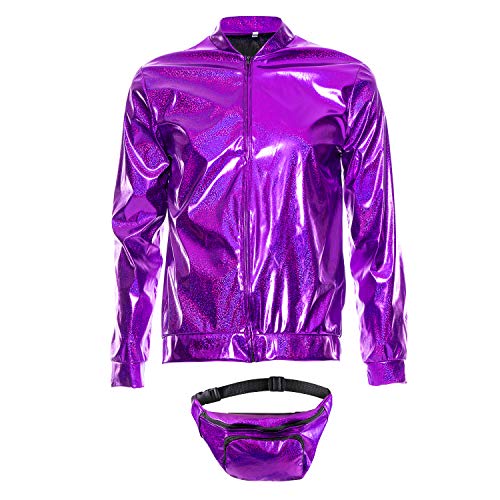 70s 80s 90s Foil Metallic Shiny RAVE Bomber Jacket Hologram Festival Fancy Dress purple