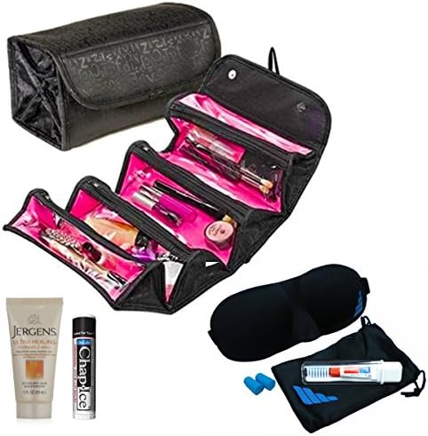 Hang Up Toiletry / Cosmetic Travel Bag Black with Travel Size Jergens Lotion, Travel Toothbrush/Colate Toothpaste, Sleep Mask, Ear Plugs and Chap Ice Lip Balm