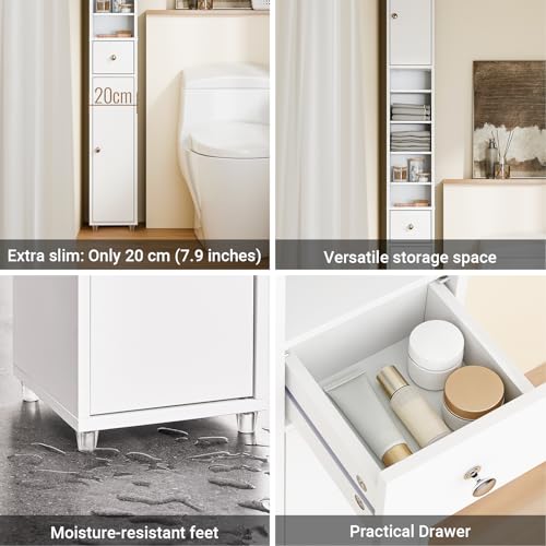 SoBuy Slim Bathroom Storage Cabinet, Narrow Storage Cabinet, Tall Slim Cabinet with Adjustable Shelves, Floor Standing Cupboard for Small Spaces, Bathroom or Laundry Room Organizer, White BZR34-W