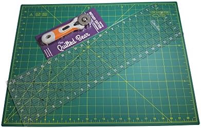 Quilted Bear 17" x 23" Double Sided Self-Healing Cutting Mat + 24" Quilting Ruler + 45mm Rotary Cutter Quilter's Bundle - Various Colour Cutting Mats (Green)