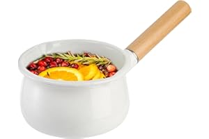 Jucoan 1 Quart Enamel Milk Pan with Dual Pour Spout, Small Enamel on Steel Saucepan Milk Pot Butter Warmer with Wooden Handle