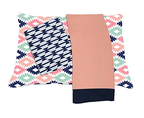 Bacati Emma Aztec 3 Piece Cotton Percale Toddler Sheet Set, Coral/Mint/Navy