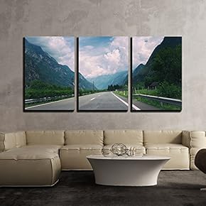 3 Piece Canvas Wall Art - Road in Mountain Areas Under White Clouds - Modern Home Art Stretched and Framed Ready to Hang - 16"x24"x3 Panels