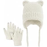 ZOORON Kids Winter Hat Glove Set for Boys and Girls, Cat Beanie with Warm Ear Flaps, Knit Skull Cap for Age 5-15 Years
