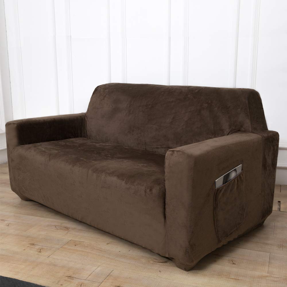 ACOMOPACK Velvet Sofa Cover Stretch Couch Cover for 2 Cushion Couch Cover Sofa Slipcover with Plastic Tuckers and Side Pocket for Living Room Furniture Protector for Dogs(Loveseat, Coffee)