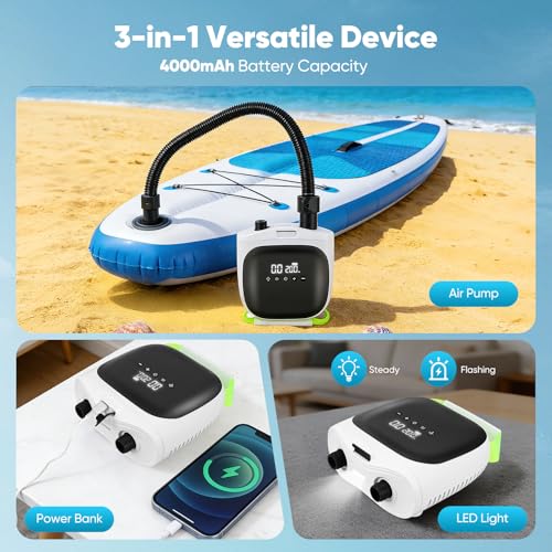 Inflador Electrico Paddle Surf,Bomba Eléctrica SUP 20PSI Doble Etapa Inteligente & Apagado Automático, 4000mAh & Luz LED, 6 Boquillas, Portátil Sin Cable para Kayak, Tienda, Colchón Hinchable, Piscina