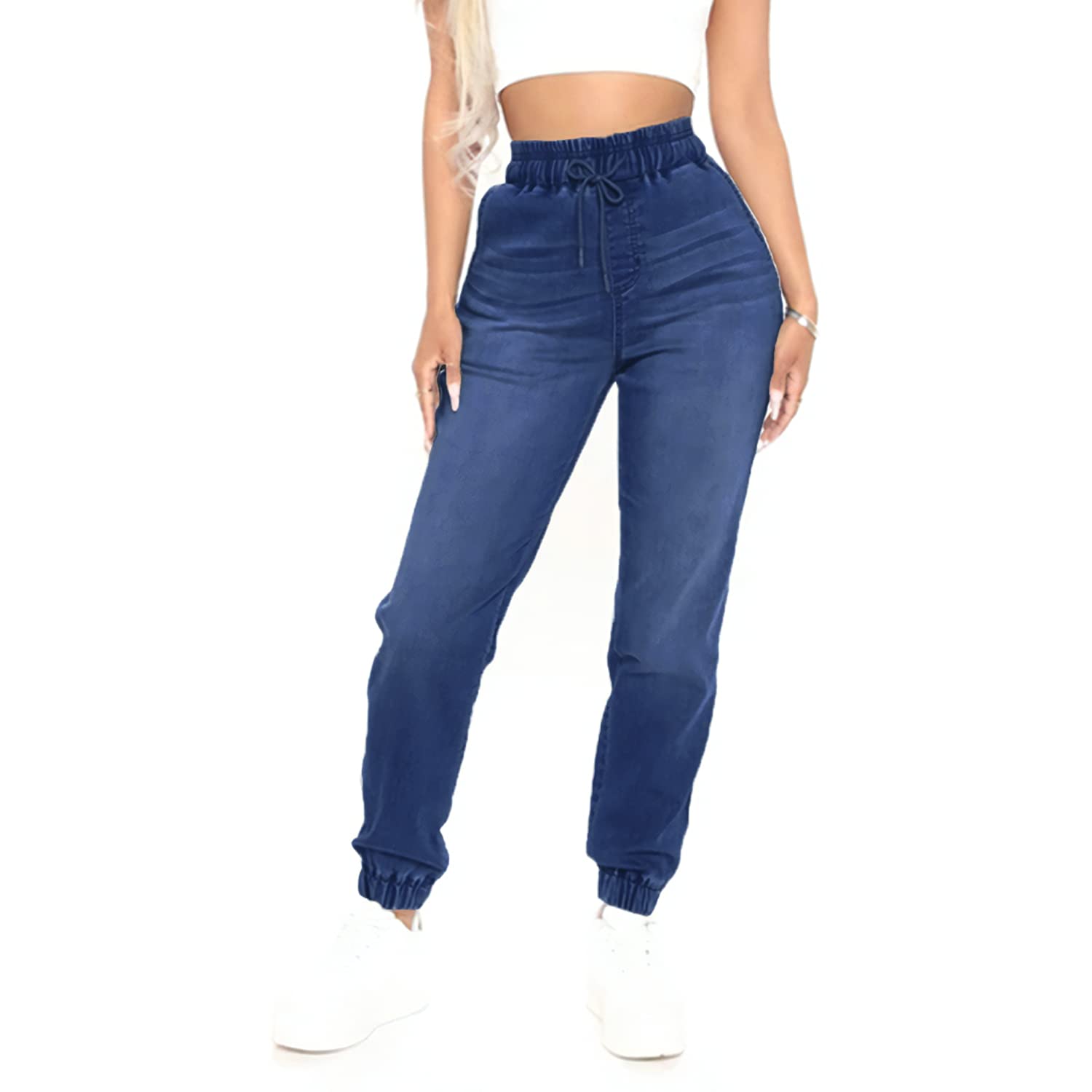 Photo 1 of YUCACIILA Woman's Jeans Elastic Waist High Rise Denim Jogger Jeans for Women with Drawstring Loose Denim Pants(9119 Dark Blue,L)