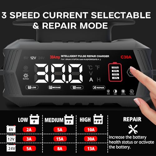 30A Car Battery Charger, Haisito 6V/12V/24V Charger and Holder for AGM Gel SLA EFB LiFePO4 9 Stage Auto Charger with LCD Display for Car Motorcycle