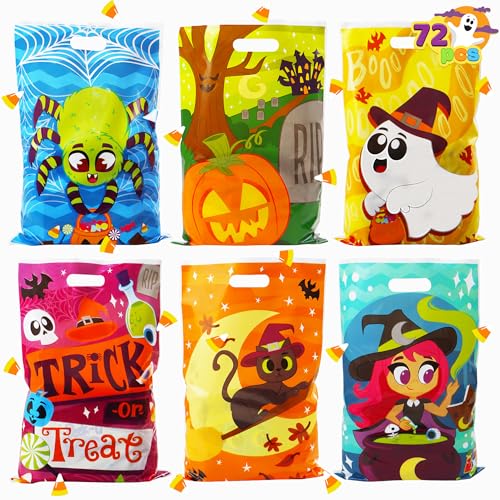 JOYIN 72 Pcs Halloween Goodie Bags, Plastic Candy Bags in 6 Designs for Kids Snacks Party Favors, Trick or Treating Bag for Halloween Party Supplies, Snacks Stuffers Prizes