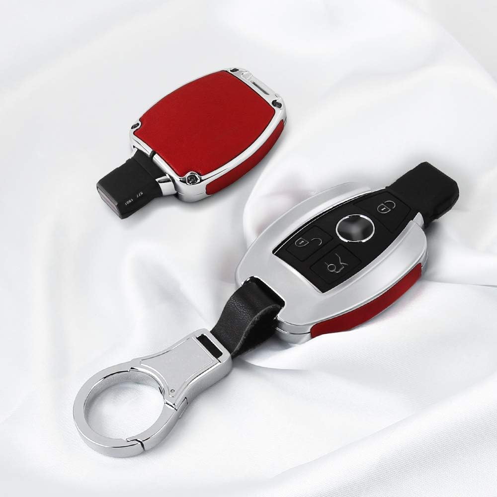 Car Key Cover for Mercedes, Zinc Alloy+Leather Protective Key Fob Case, Smart Remote Shell with Keychain fit for Mercedes-Benz C E S M CLS CLK GLK GL Class