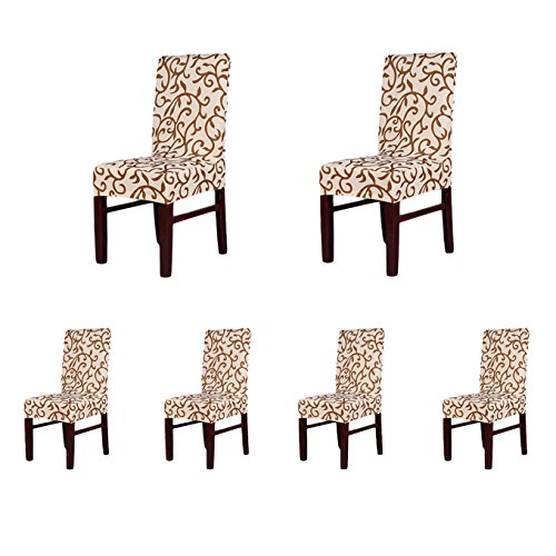 6 x Soft Fit Stretch Short Dining Room Chair Covers, Printed Pattern, Banquet Chair Seat Protector Slipcover for Party Hotel Wedding Ceremony (ChampagneCoffee)