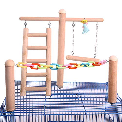 Bird Cage Stand Play Gym, Green Cheek Conure Perch Playground, Wood Parrot Climbing Ladder Chewing Chain Swing for Lovebirds Budgies Finches Parakeets, Activity Center,Birdcage Training Accessories
