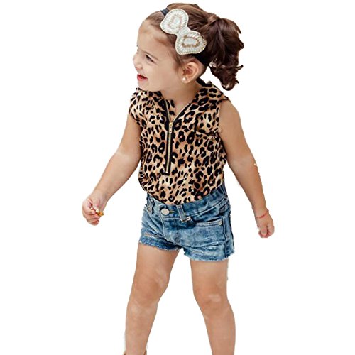 girls Leopard Sleeveless vest Hoodie Jeans shorts Suit baby clothes Size 1-7Y