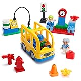 PlayBuild School Bus Building Blocks Set - 29 Pieces - Includes Vehicle, Bus Stop, Gas Station, Traffic Light, 3 Minifigures & Accessories - Recommended for Boys & Girls Ages 3+