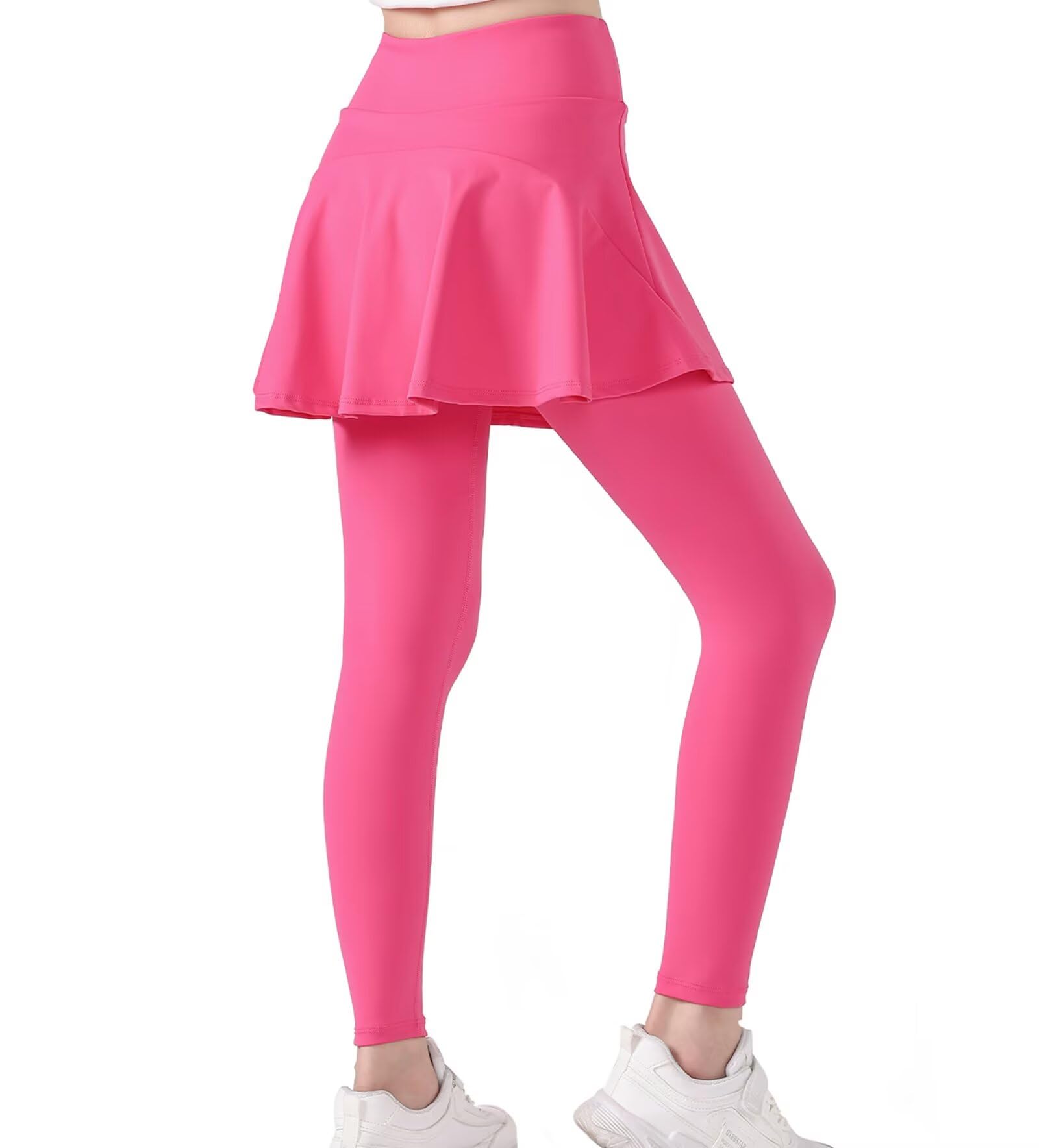 Photo 1 of zqajuxg 2 in 1 Girls Leggings with Skirt High Waisted Tennis Athletic Flowy Skirted Legging with Pockets for Kid/Rose Red/9-10Years