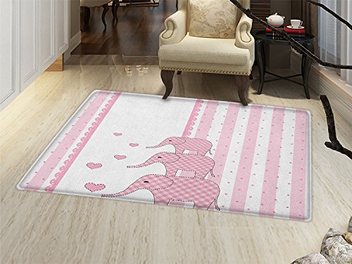 smallbeefly Elephant Nursery Door Mats Area Rug Vertical Striped Backdrop with Cute Pink Animals with Hearts Retro Floor mat Bath Mat for tub Pale Pink White
